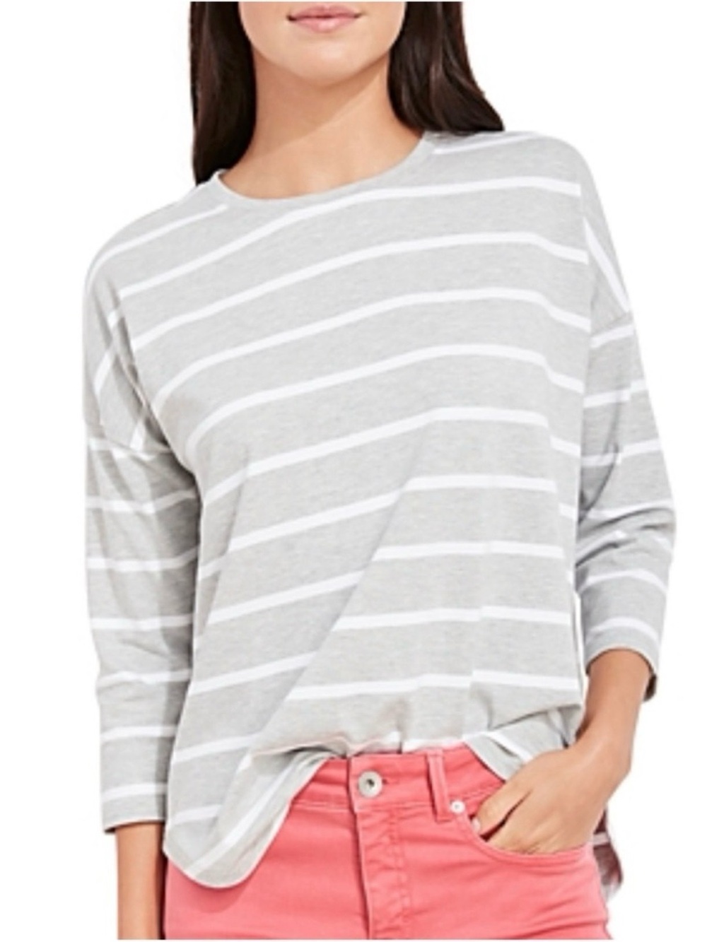 Vineyard Vines Gray and White Striped Long 3/4 Sleeve Tee